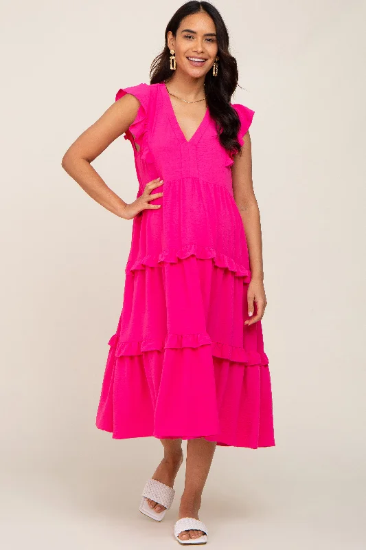Fitness sleeveless topsFuchsia Sleeveless Ruffle Tiered Maternity Dress