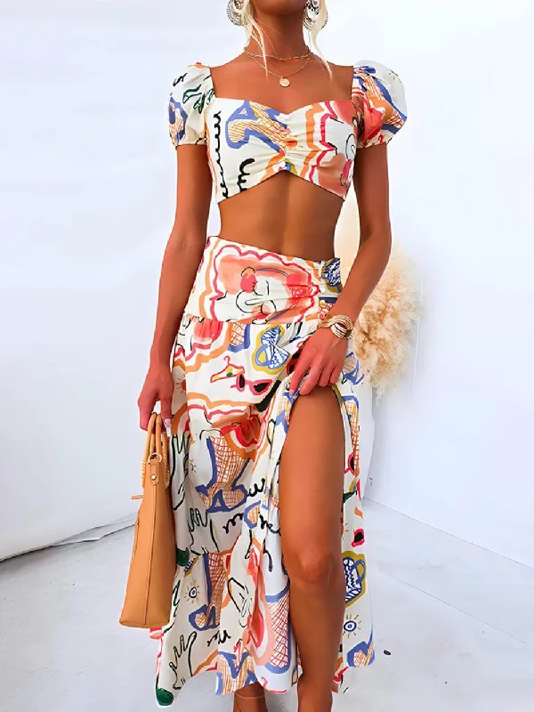 Utility SkirtSummer Printed Top And Graceful Wrap Skirt Two-Piece Suit