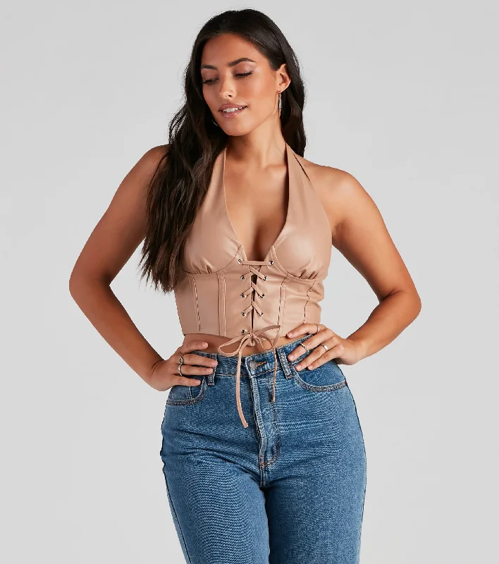 CroptophemMade To Be Seen PU Halter Crop Top