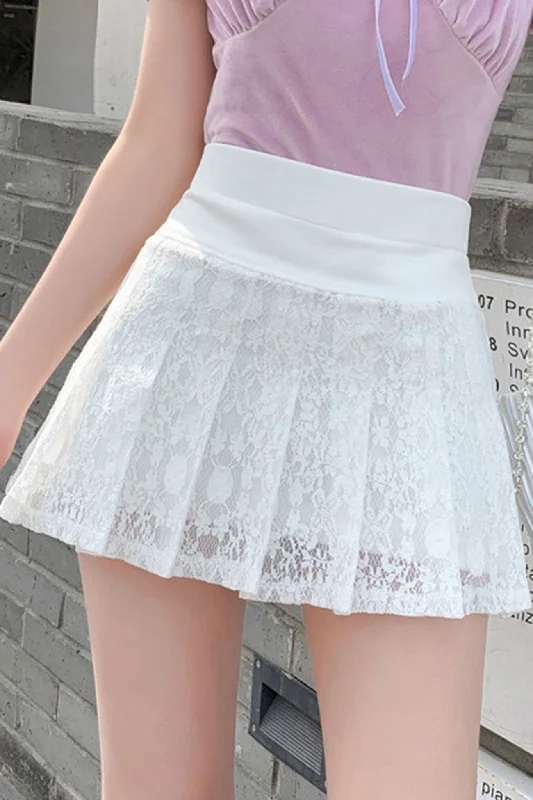 Low-waisted SkirtSolid Color Lace Pleated Skirt