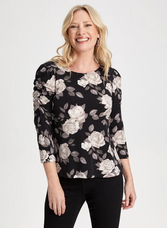 3/4 Sleeve Rose Print Top