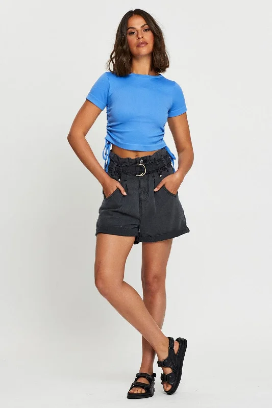 Blue T Shirt Short Sleeve Crop Crew Neck