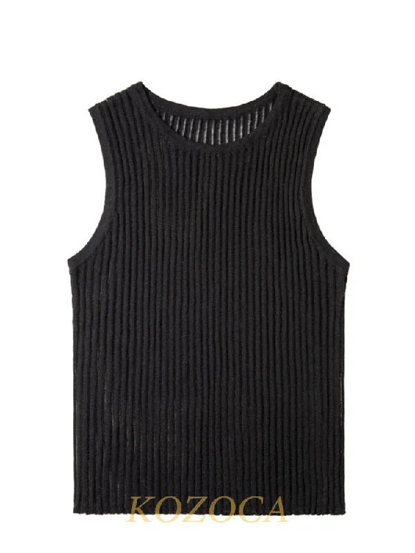 Elegant Striped Hollow Out Sleeveless Elastic Tank Top