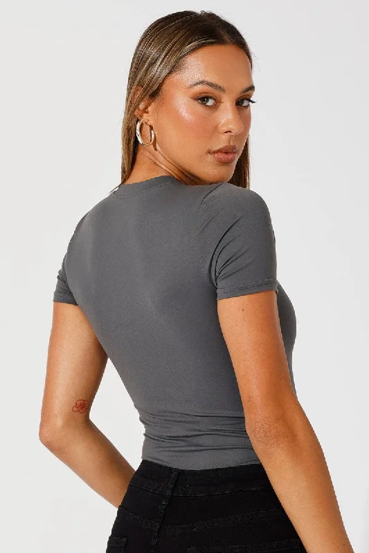 Grey Bodysuit Short Sleeve Crew Neck Supersoft