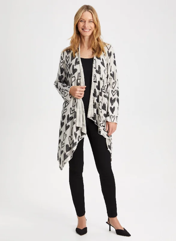 Heart Print Shawl Collar Cardigan