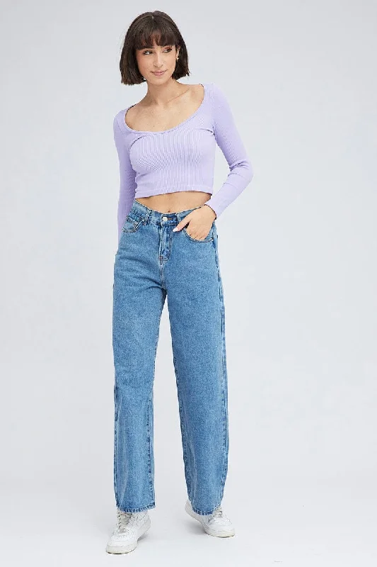 Purple Top Long Sleeve Scoop Neck Seamless