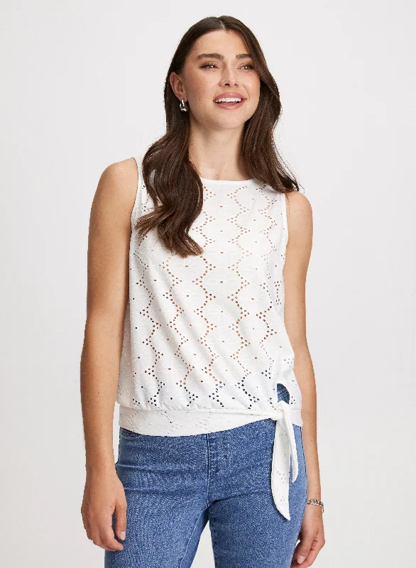 Sleeveless Boat-Neck Eyelet Top