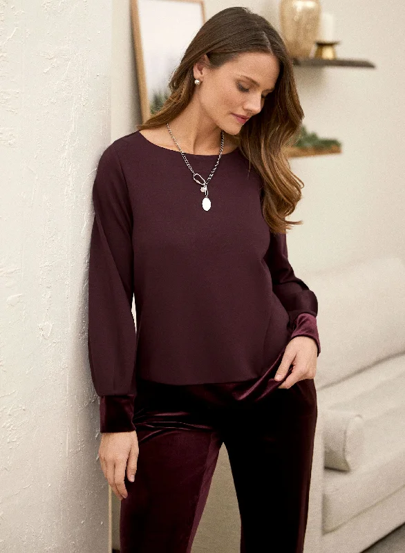 Velour Trim Puff Sleeve Top