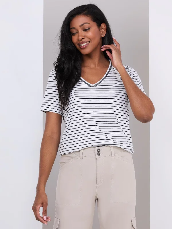 Striped V-Neck T-Shirt With Metallic Detail