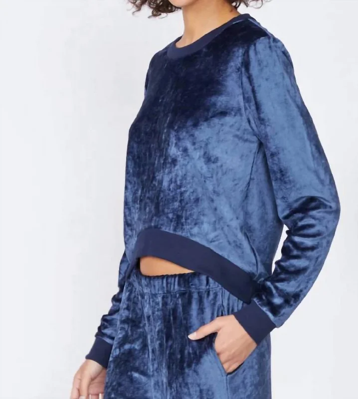 Bamboo Velour Cropped Pullover In New Navy