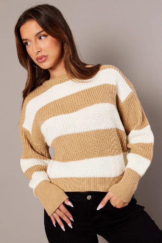 Beige Stripe Knit Jumper Long Sleeve