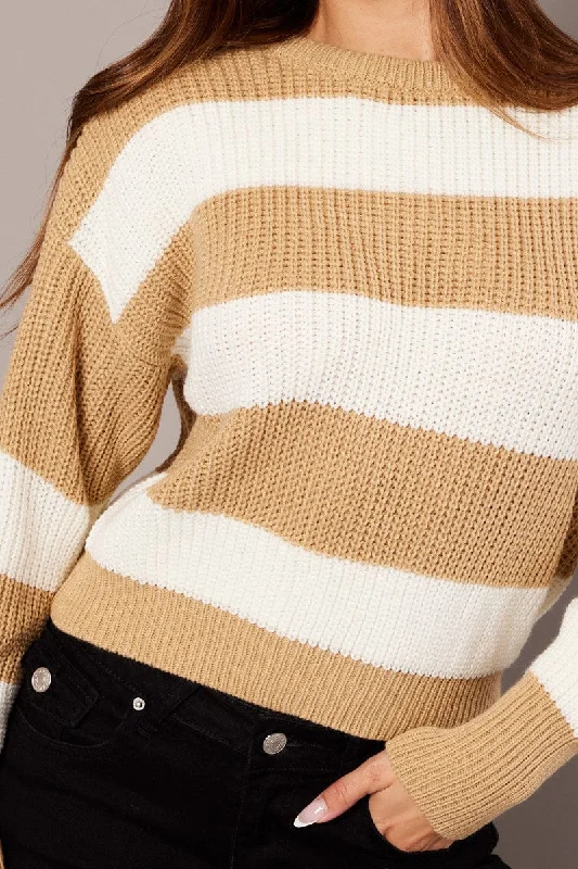 Beige Stripe Knit Jumper Long Sleeve