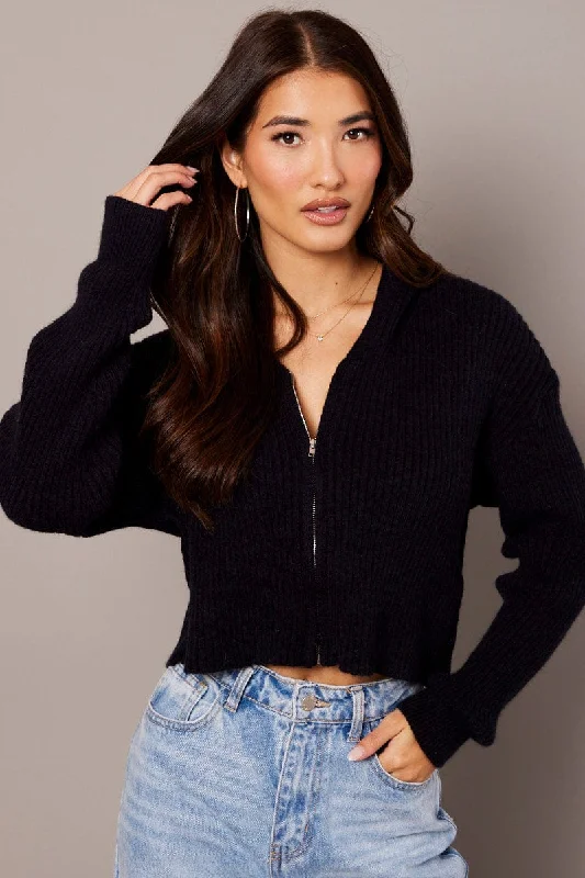 Black Knit Cardigan Long Sleeve Hooded