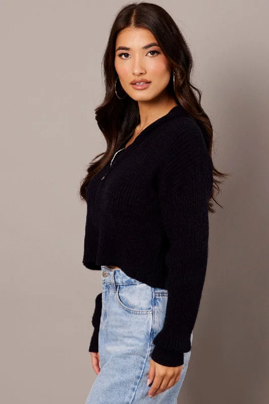 Black Knit Cardigan Long Sleeve Hooded