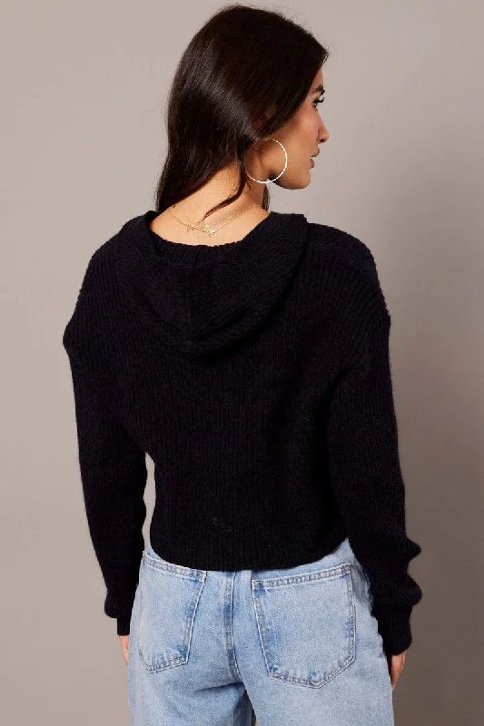 Black Knit Cardigan Long Sleeve Hooded