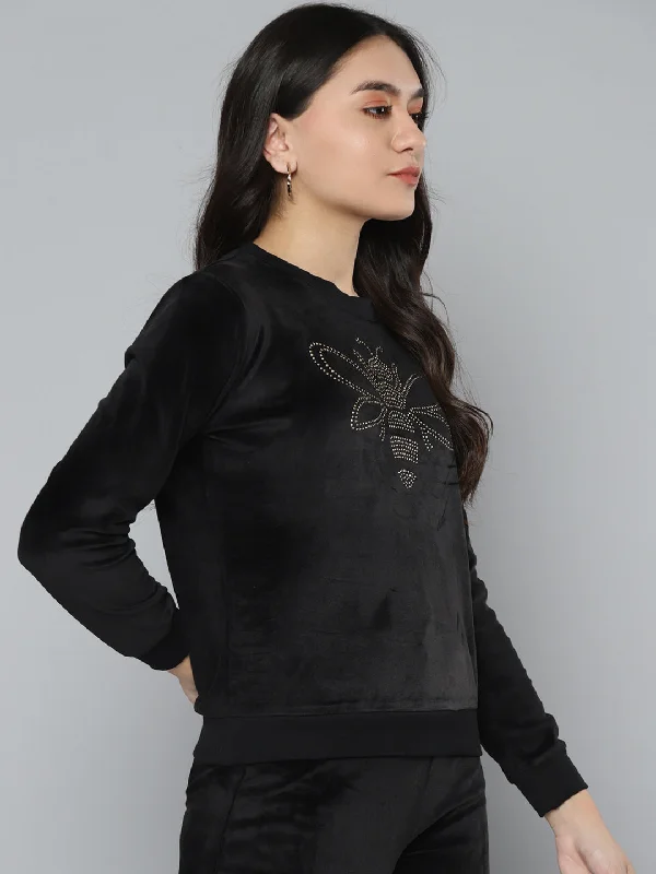 Black Velour Studded Dragonfly Sweatshirt