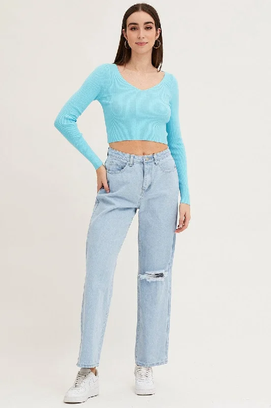 Blue Knit Top Long Sleeve Crop V-Neck