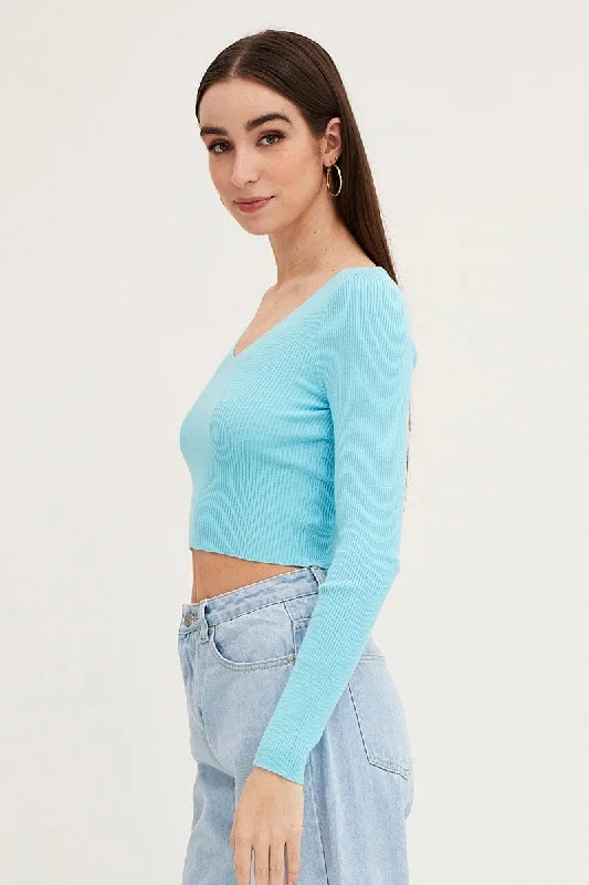 Blue Knit Top Long Sleeve Crop V-Neck