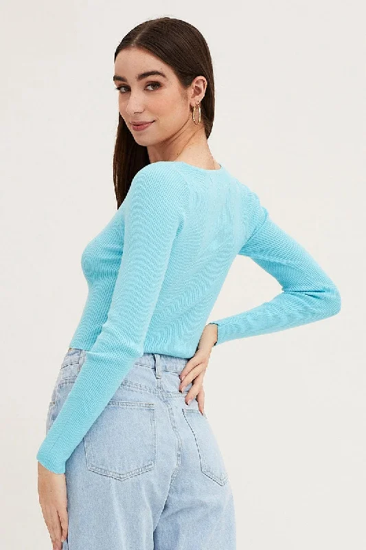 Blue Knit Top Long Sleeve Crop V-Neck