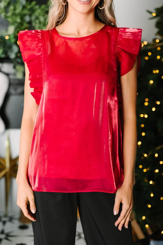 Chic Dreams Red Satin Ruffled Blouse