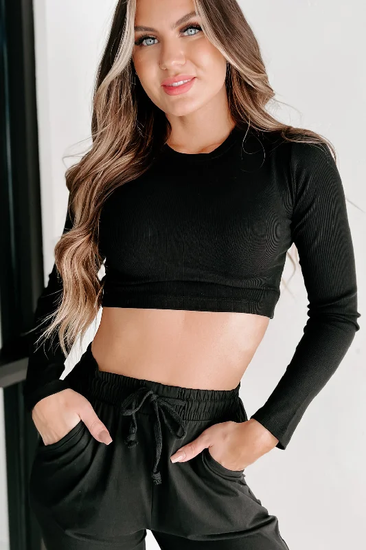 Right Beside You Long Sleeve Ribbed Crop Top (Black)