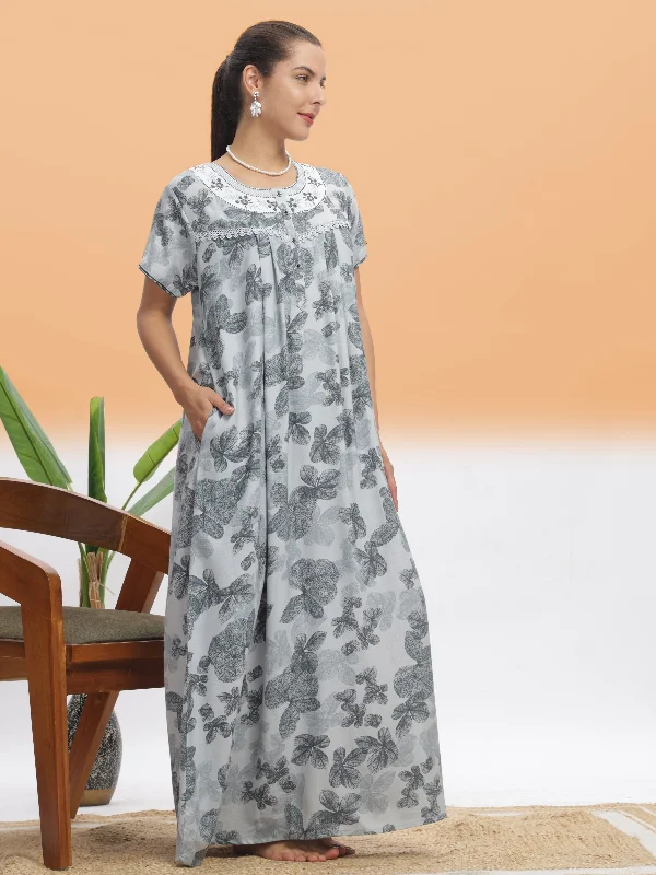 Elegant Silver Leaf Alpine Maxi Nighty - Luxury Nightwear