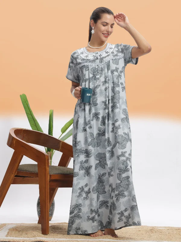 Elegant Silver Leaf Alpine Maxi Nighty - Luxury Nightwear