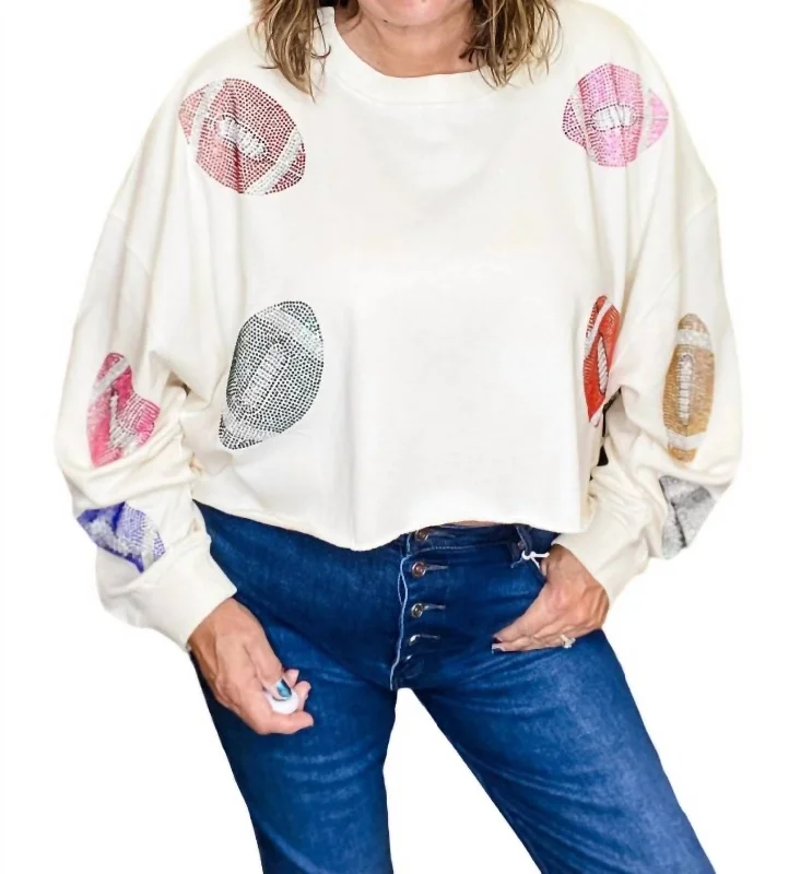 Football Rhinestone Patch Sweatshirt In Ivory