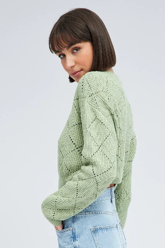 Green Knit Jumper Long Sleeve Crew Neck