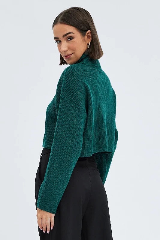 Green Knit Jumper Turtle Neck Crop