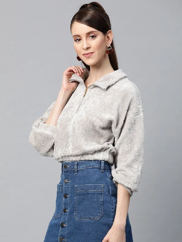 Grey Zip Front Faux Fur Crop Sweatshirt