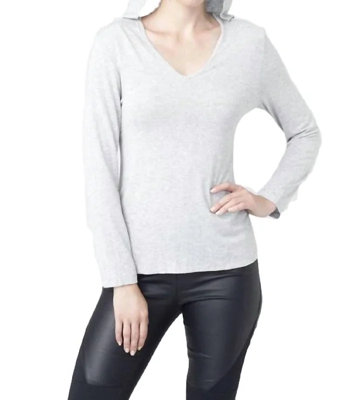 Hooded V-Neck Top In Gray