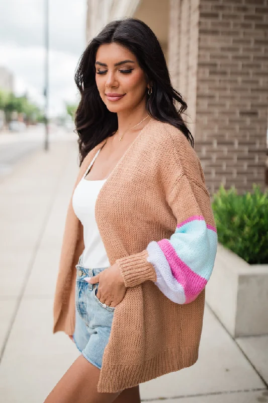 Let's Stay Longer Brown Multi Color Block Sleeve Cardigan