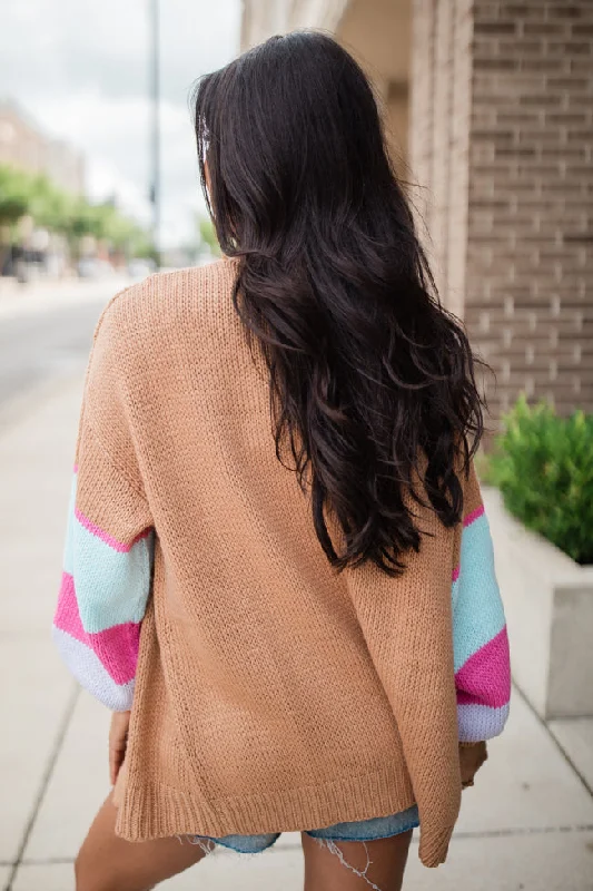 Let's Stay Longer Brown Multi Color Block Sleeve Cardigan