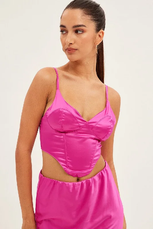 Pink Corset Top Sleeveless Sweetheart Crop Satin