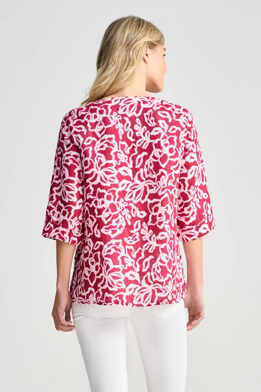 French Linen Button Detail Top - Pink White Floral