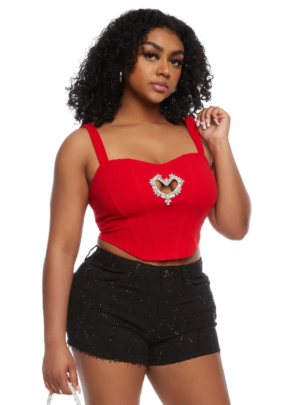 Rhinestone Heart Cut Out Corset Crop Top