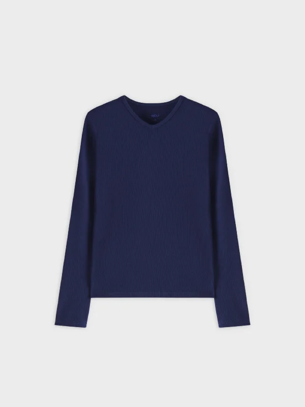 RIBBED HIGH V LS-NAVY