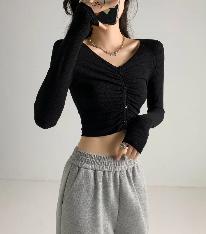 Richie House Women's Long Sleeve Casual Crop Top Ribbed Knit Slim Fitted T-Shirt RHW4065