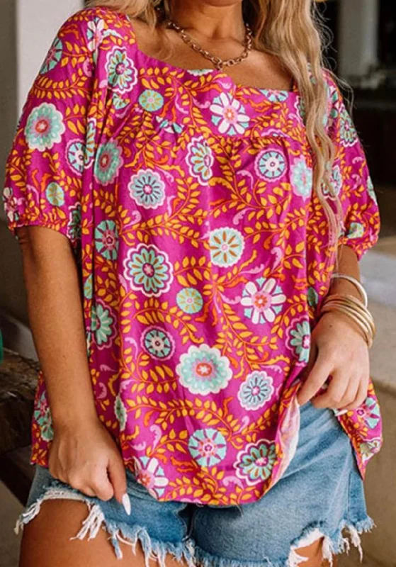 Rose Plus Size Floral Print Tie Back Blouse