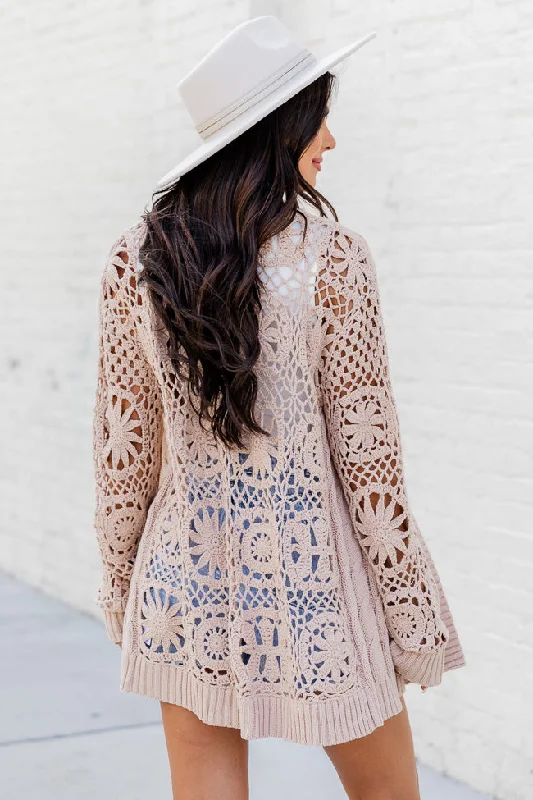 What's The Plan Tan Crochet Sleeve Cardigan