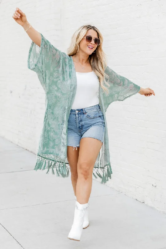 Unapologetically You Sage Velvet Floral Fringe Trim Kimono FINAL SALE