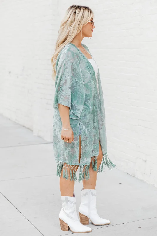 Unapologetically You Sage Velvet Floral Fringe Trim Kimono FINAL SALE