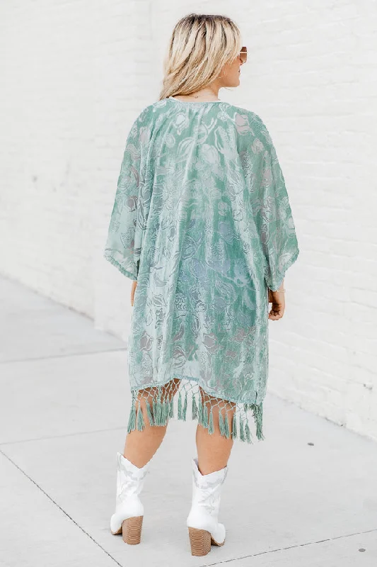 Unapologetically You Sage Velvet Floral Fringe Trim Kimono FINAL SALE