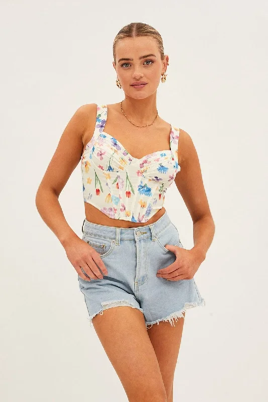 White Floral Floral Print Ruched Corset Top