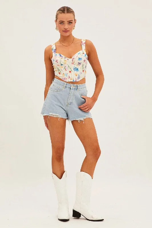 White Floral Floral Print Ruched Corset Top