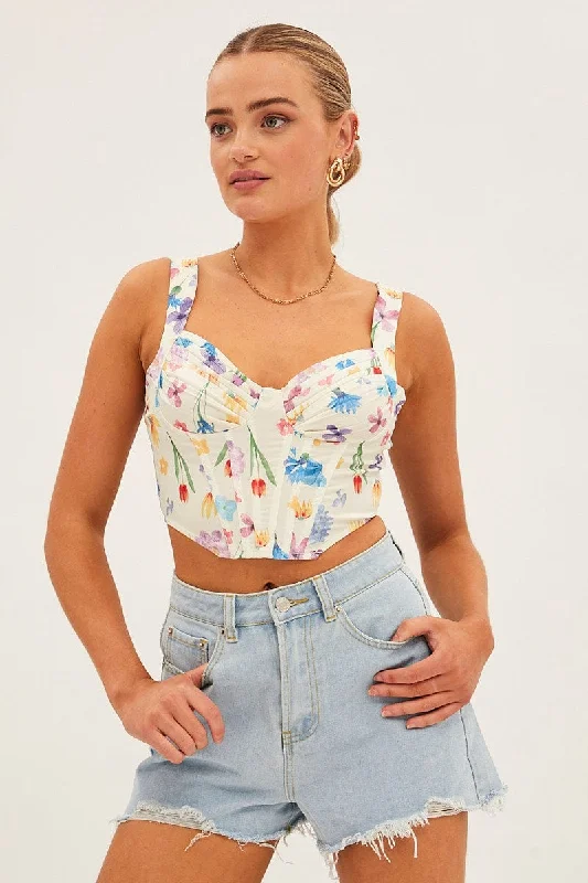 White Floral Floral Print Ruched Corset Top