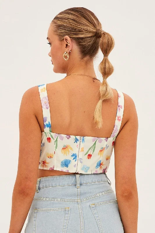 White Floral Floral Print Ruched Corset Top