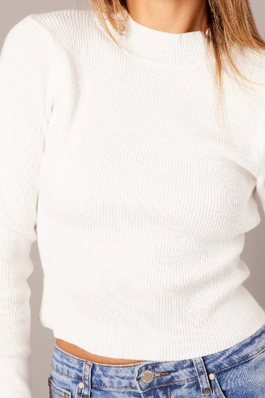 White Knit Top Long Sleeve Funnel Neck