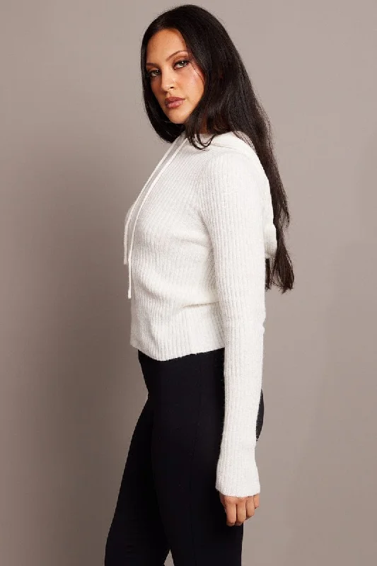 White Knit Top Long Sleeve Hoodie